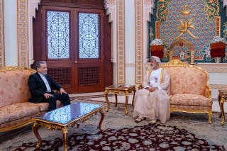 In this photo released by the Iranian Foreign Ministry, Iranian Foreign Minister Abbas Araghchi, left, meets with Oman's Sultan Haitham bin Tariq, in Muscat, Oman, Sunday, April 26, 2026.